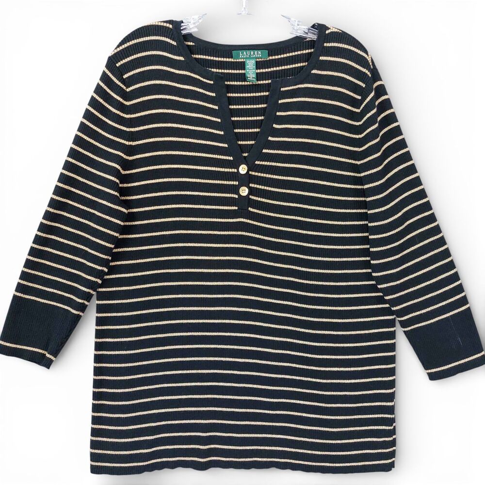 Lauren Ralph Lauren Striped Knit Top Womens 2X Black Gold Henley Metallic Ribbed - Picture 1 of 8